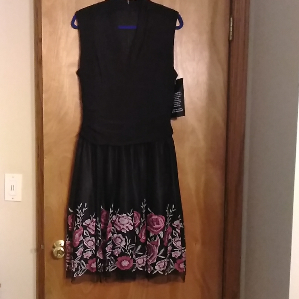 SLNY black dress with embroidered mesh overlay